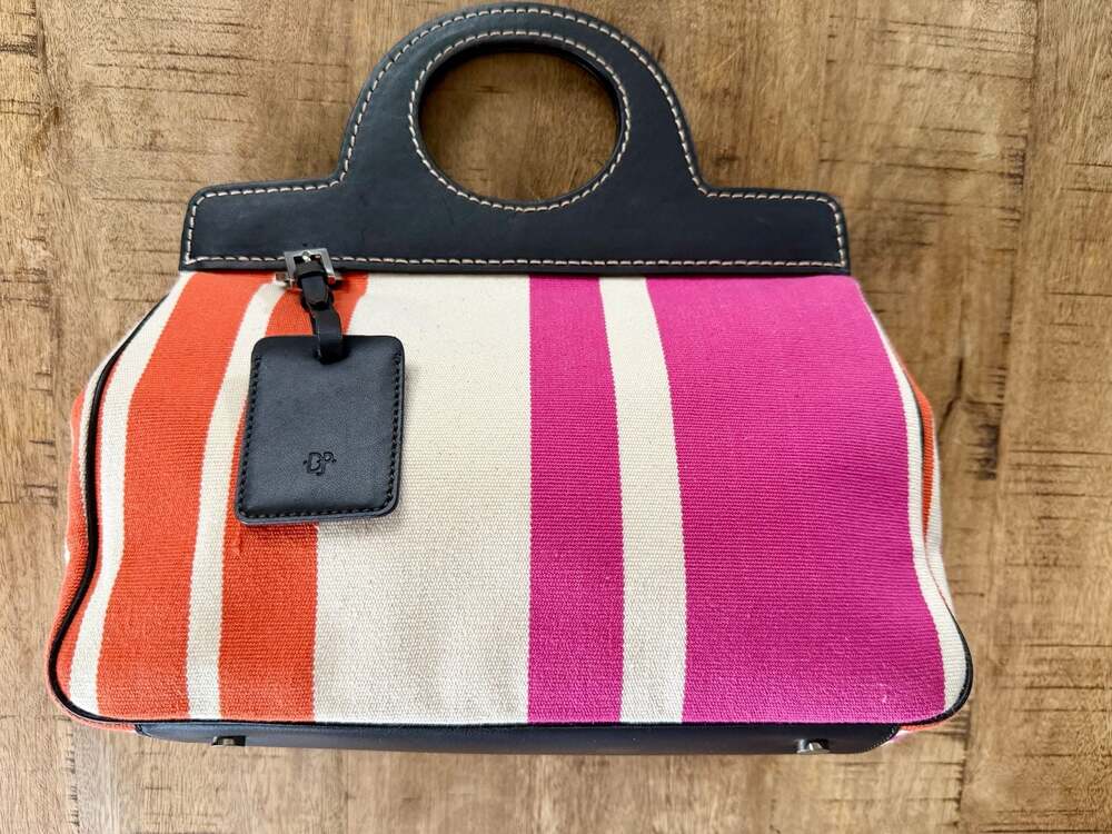 Donald J Pliner Striped Canvas and Leather Top Handle Bag
